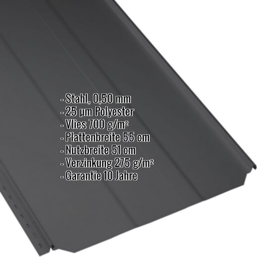 Stehfalzblech PD-510-S | Trapez | Anti-Tropf 700 g/m² | Stahl 0,50 mm | 25 µm Polyester | 9005 - Tiefschwarz #2
