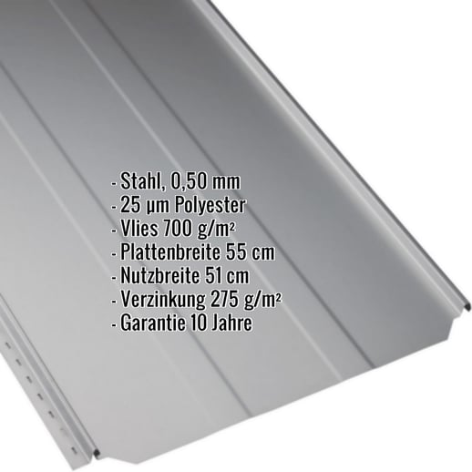 Stehfalzblech PD-510-S | Trapez | Anti-Tropf 700 g/m² | Stahl 0,50 mm | 25 µm Polyester | 9006 - Weissaluminium #2