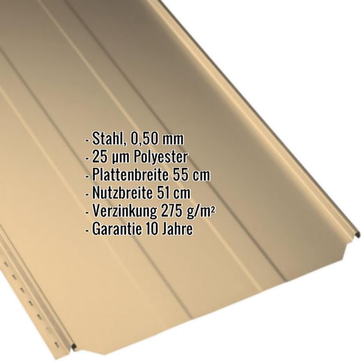 Stehfalzblech PD-510-S | Trapez | Stahl 0,50 mm | 25 µm Polyester | 1002 - Sandgelb #2