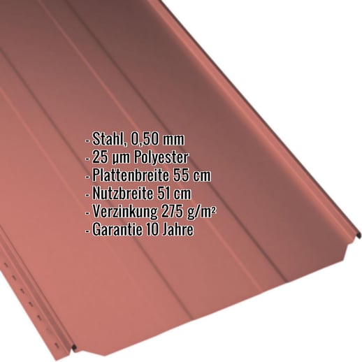 Stehfalzblech PD-510-S | Trapez | Stahl 0,50 mm | 25 µm Polyester | 3016 - Korallenrot #2