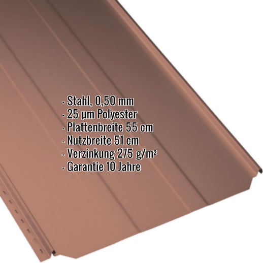 Stehfalzblech PD-510-S | Trapez | Stahl 0,50 mm | 25 µm Polyester | 8004 - Kupferbraun #2
