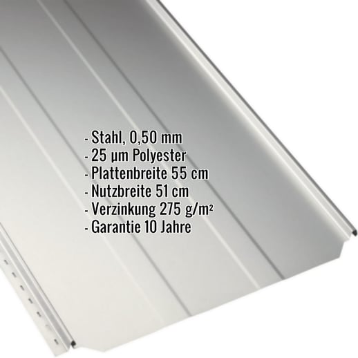 Stehfalzblech PD-510-S | Trapez | Stahl 0,50 mm | 25 µm Polyester | 9002 - Grauweiß #2