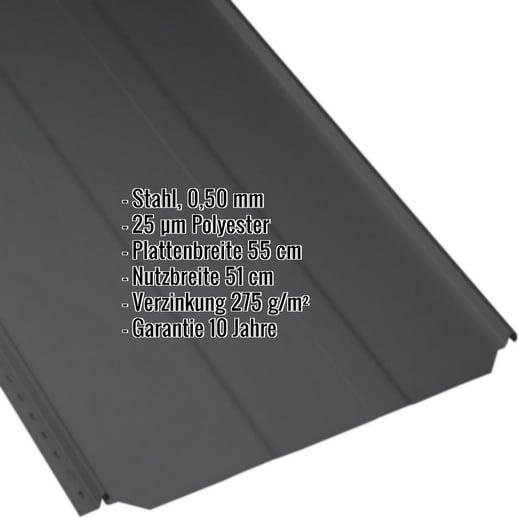 Stehfalzblech PD-510-S | Trapez | Stahl 0,50 mm | 25 µm Polyester | 9005 - Tiefschwarz #2