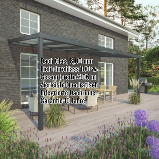Terrassenüberdachung | Schneelastzone 1 | RAL 7016 | Glasplatte Klar | Leiste Quadratisch | Breite 3,06 m | Tiefe 4,00 m #2