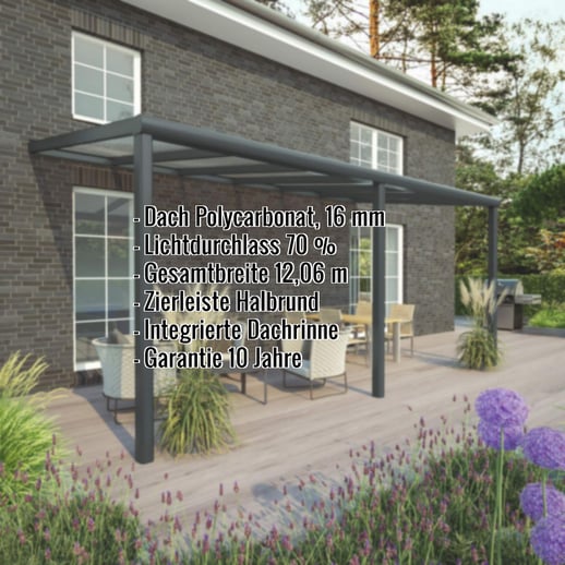 Terrassenüberdachung | Schneelastzone 1 | RAL 7016 | Platte Klar | Leiste Halbrund | Breite 12,06 m | Tiefe 4,50 m #2