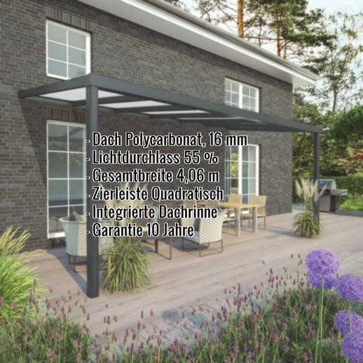 Terrassenüberdachung | Schneelastzone 1 | RAL 7016 | Platte Opal Weiß | Leiste Quadratisch | Breite 4,06 m | Tiefe 5,00 m #2