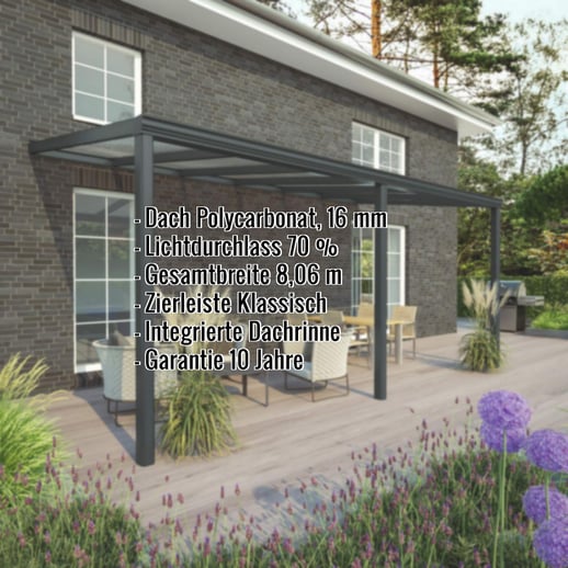 Terrassenüberdachung | Schneelastzone 2 | RAL 7016 | Platte Klar | Leiste Klassisch | Breite 8,06 m | Tiefe 2,50 m #2