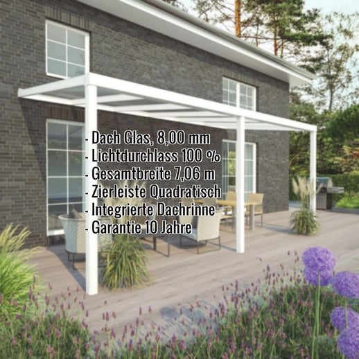 Terrassenüberdachung | Schneelastzone 2 | RAL 9016 | Glasplatte Klar | Leiste Quadratisch | Breite 7,06 m | Tiefe 3,00 m #2