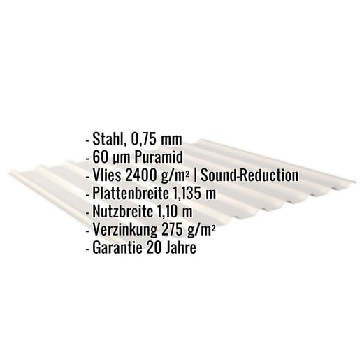 Trapezblech 20/1100 | Dach | Anti-Tropf 2400 g/m² | Stahl 0,75 mm | 60 µm Puramid | 9002 - Grauweiß #2