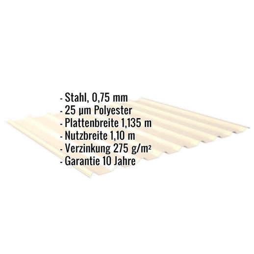 Trapezblech 20/1100 | Dach | Stahl 0,75 mm | 25 µm Polyester | 1015 - Hellelfenbein #2
