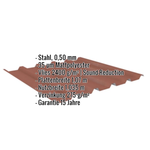 Trapezblech 35/207 | Dach | Anti-Tropf 2400 g/m² | Stahl 0,50 mm | 35 µm Mattpolyester | 75 - Ziegelrot #2