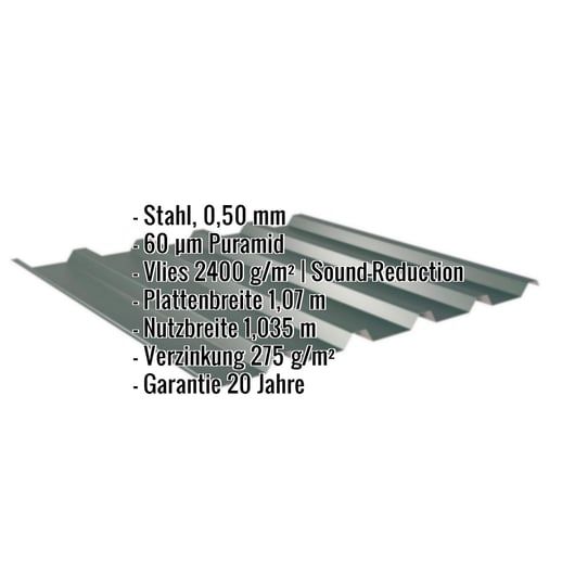 Trapezblech 35/207 | Dach | Anti-Tropf 2400 g/m² | Stahl 0,50 mm | 60 µm Puramid | 6005 - Moosgrün #2