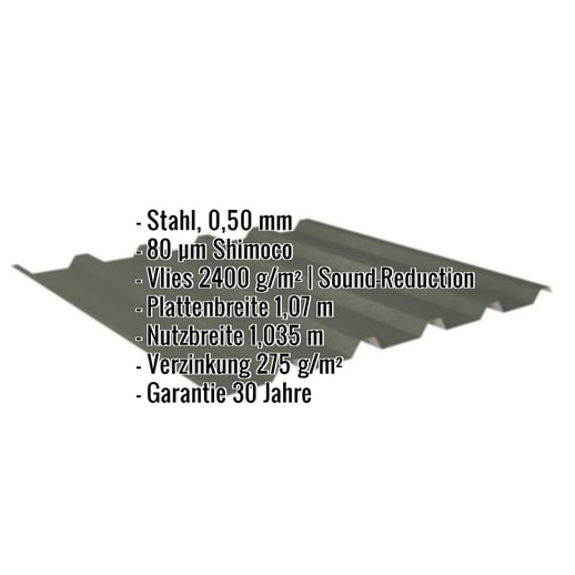 Trapezblech 35/207 | Dach | Anti-Tropf 2400 g/m² | Stahl 0,50 mm | 80 µm Shimoco | 6020 - Chromoxidgrün #2