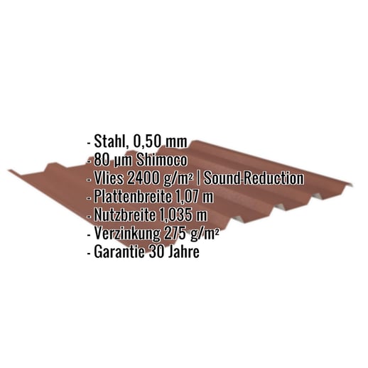 Trapezblech 35/207 | Dach | Anti-Tropf 2400 g/m² | Stahl 0,50 mm | 80 µm Shimoco | 8004 - Kupferbraun #2