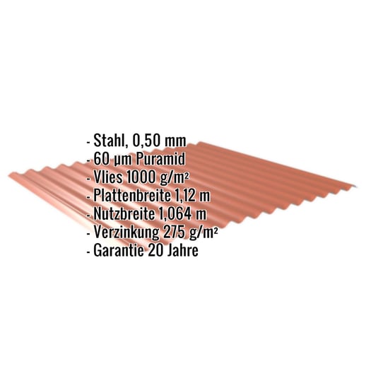 Wellblech 18/1064 | Dach | Anti-Tropf 1000 g/m² | Stahl 0,50 mm | 60 µm Puramid | 8004 - Kupferbraun #2