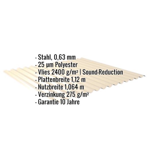 Wellblech 18/1064 | Dach | Anti-Tropf 2400 g/m² | Stahl 0,63 mm | 25 µm Polyester | 1015 - Hellelfenbein #2