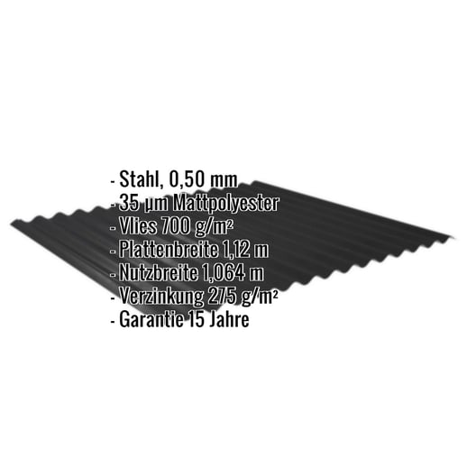 Wellblech 18/1064 | Dach | Anti-Tropf 700 g/m² | Stahl 0,50 mm | 35 µm Mattpolyester | 33 - Schwarz #2