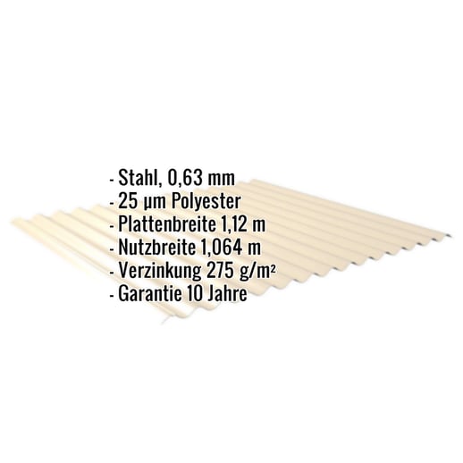 Wellblech 18/1064 | Dach | Stahl 0,63 mm | 25 µm Polyester | 1015 - Hellelfenbein #2
