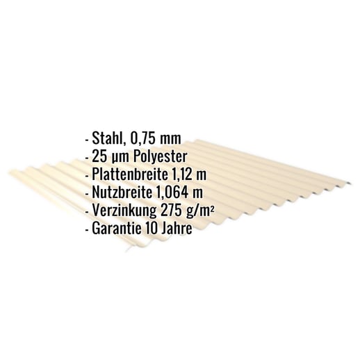 Wellblech 18/1064 | Dach | Stahl 0,75 mm | 25 µm Polyester | 1015 - Hellelfenbein #2