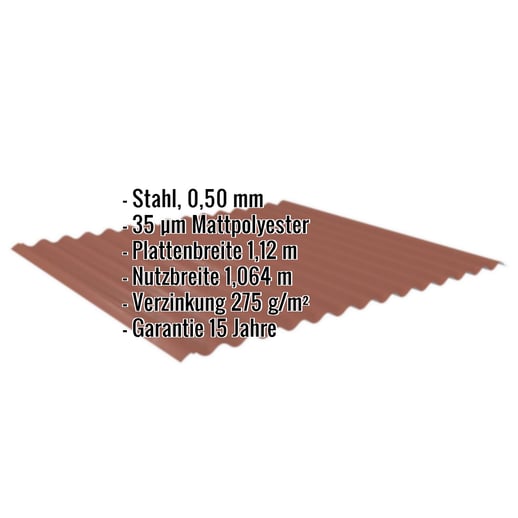 Wellblech 18/1064 | Dach | Stahl 0,50 mm | 35 µm Mattpolyester | 75 - Ziegelrot #2
