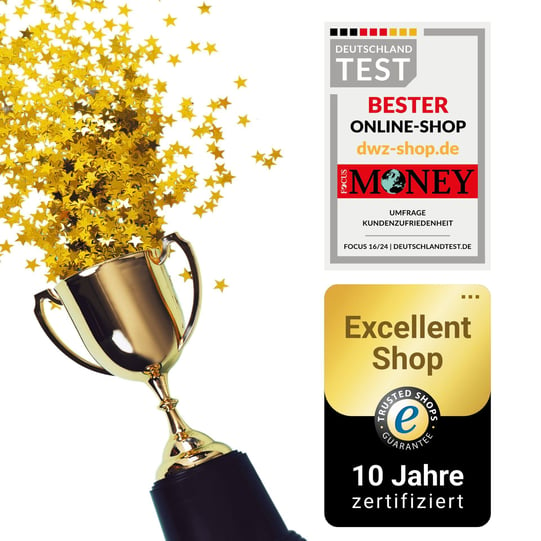 Trophäe mit Sternenregen, Deutschland Test Siegel, 5 Jahre Trusted Shops Zertifikat für herausragende Kundenzufriedenheit