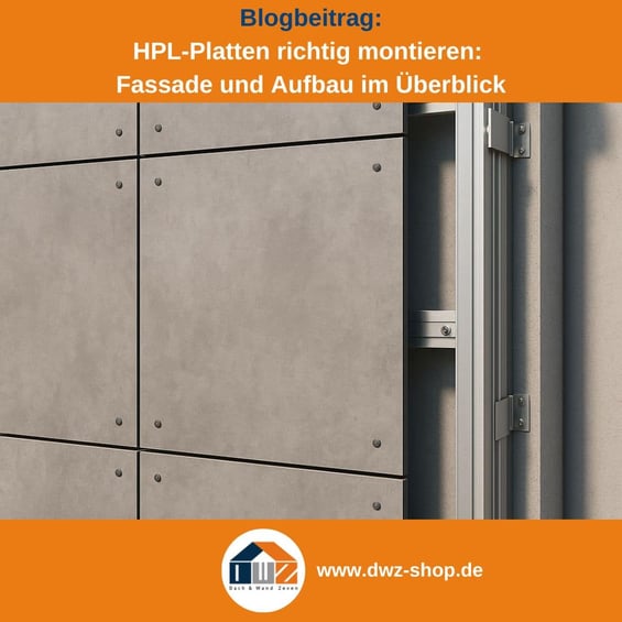 Titelgrafik eines Blogbeitrags mit dem Thema ‚HPL-Platten montieren‘ – gezeigt wird eine Fasse mit HPL-Platten in Betonoptik, dazu das Logo und die Webadresse von DWZ-Shop.de.