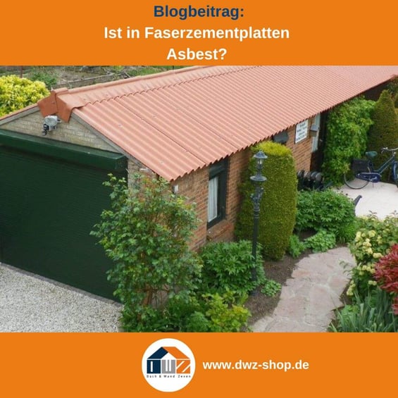 Titelgrafik eines Blogbeitrags mit dem Thema ‚Asbest in Faserzementplatten‘ – gezeigt wird ein Häuschen mit roten Faserzementplatten, dazu das Logo und die Webadresse von DWZ-Shop.de.