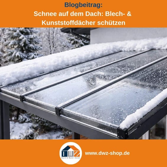Titelgrafik eines Blogbeitrags mit dem Thema ‚Schnee auf dem Dach‘ – gezeigt wird eine schneebedeckte Terrassenüberdachung, dazu das Logo und die Webadresse von DWZ-Shop.de.