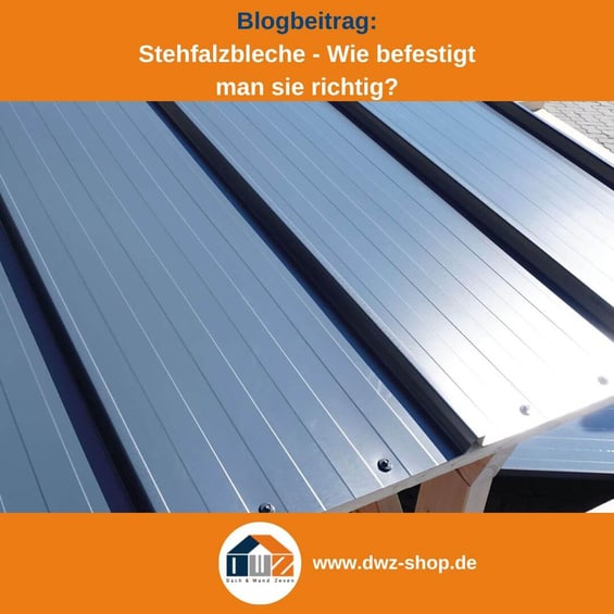 Titelgrafik eines Blogbeitrags mit dem Thema ‚Montage von Stehfalzblechen‘ – gezeigt wird ein Carport Dach mit Stehfalzblech, dazu das Logo und die Webadresse von DWZ-Shop.de.