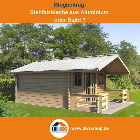 Titelgrafik eines Blogbeitrags mit dem Thema ‚Stehfalzbleche aus welchem Material?‘ – gezeigt wird ein Gartenhaus mit weißem Stehfalzblech, dazu das Logo und die Webadresse von DWZ-Shop.de.