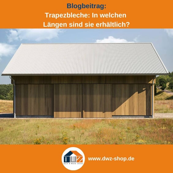Titelgrafik eines Blogbeitrags mit dem Thema ‚Längen von Trapezblechen‘ – gezeigt wird eine Scheune mit einem hellen Trapezblech, dazu das Logo und die Webadresse von DWZ-Shop.de.