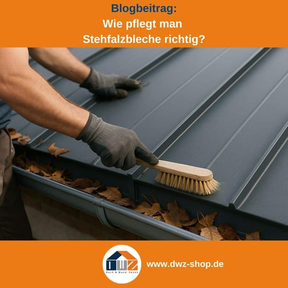 Titelgrafik eines Blogbeitrags mit dem Thema ‚Wartung von Stehfalzblech‘ – gezeigt wird eine Reinigung von einem Dach, dazu das Logo und die Webadresse von DWZ-Shop.de.