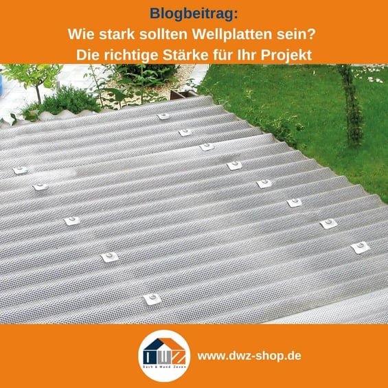 Titelgrafik eines Blogbeitrags mit dem Thema ‚Die richtige Stärke von Wellplatten‘ – gezeigt wird eine klare Wellplatte befestigt mit Kalotten , dazu das Logo und die Webadresse von DWZ-Shop.de.
