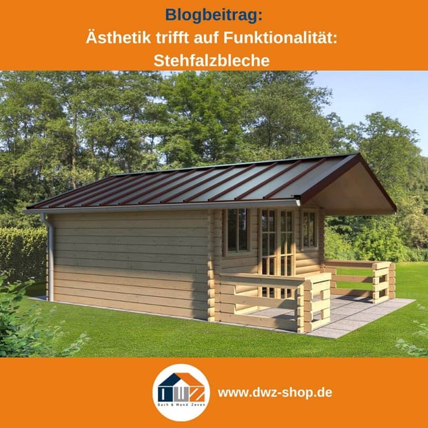 Titelgrafik eines Blogbeitrags mit dem Thema ‚Funktionalität von Stehfalzblechen‘ – gezeigt wird ein Gartenhaus mit dunklem Stehfalzblech, dazu das Logo und die Webadresse von DWZ-Shop.de.