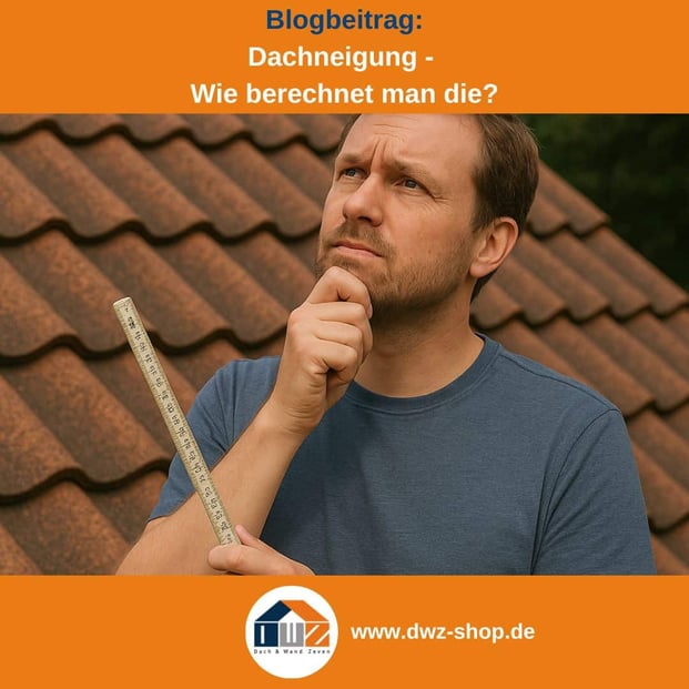Titelgrafik eines Blogbeitrags mit dem Thema ‚Berechnung der Dachneigung' – gezeigt wird ein Mann mit Zollstock, stehend vor seinem Dach, dazu das Logo und die Webadresse von DWZ-Shop.de.