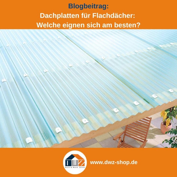 Titelgrafik eines Blogbeitrags mit dem Thema ‚Dachplatten für Flachdächer‘ – gezeigt wird eine klare Kunststoffplatte als Terrassenüberdachung, dazu das Logo und die Webadresse von DWZ-Shop.de.