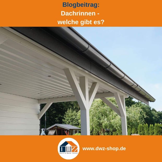 Titelgrafik eines Blogbeitrags mit dem Thema' Verschiedene Dachrinnen' – gezeigt wird eine graue Stahlrinne an einem weißen Haus, dazu das Logo und die Webadresse von DWZ-Shop.de.
