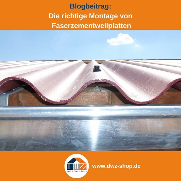 Titelgrafik eines Blogbeitrags mit dem Thema ‚Montage von Faserzementplatten‘ – gezeigt wird ein Querschnitt einer montierten Platte, dazu das Logo und die Webadresse von DWZ-Shop.de.