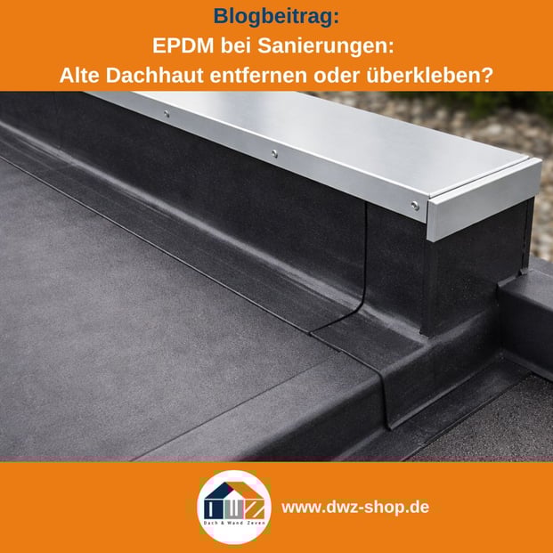 Titelgrafik eines Blogbeitrags mit dem Thema ‚EPDM-Folien Sanierung'. Gezeigt wird eine verlegte EPDM in schwarz mit Attika, dazu das Logo und die Webadresse von DWZ-Shop.de.