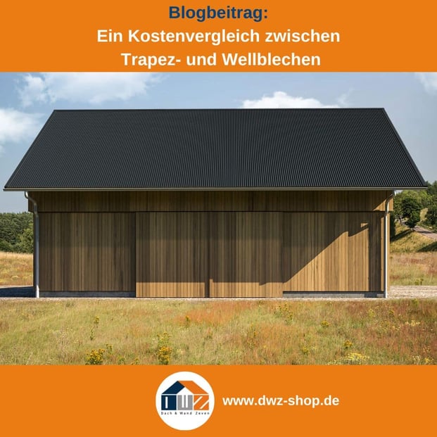 Titelgrafik eines Blogbeitrags mit dem Thema ‚Trapez- und Wellblech‘ – gezeigt wird eine Scheune mit anthrazitgrauem Wellblech, dazu das Logo und die Webadresse von DWZ-Shop.de.