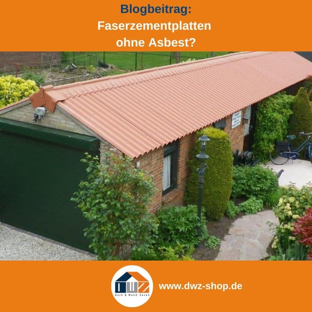 Titelgrafik eines Blogbeitrags mit dem Thema 'Faserzementplatten auch ohne Asbest ' – gezeigt wird eine Dacheindeckung einer Garage mit roten Faserzementplatten, dazu das Logo und die Webadresse von DWZ-Shop.de.