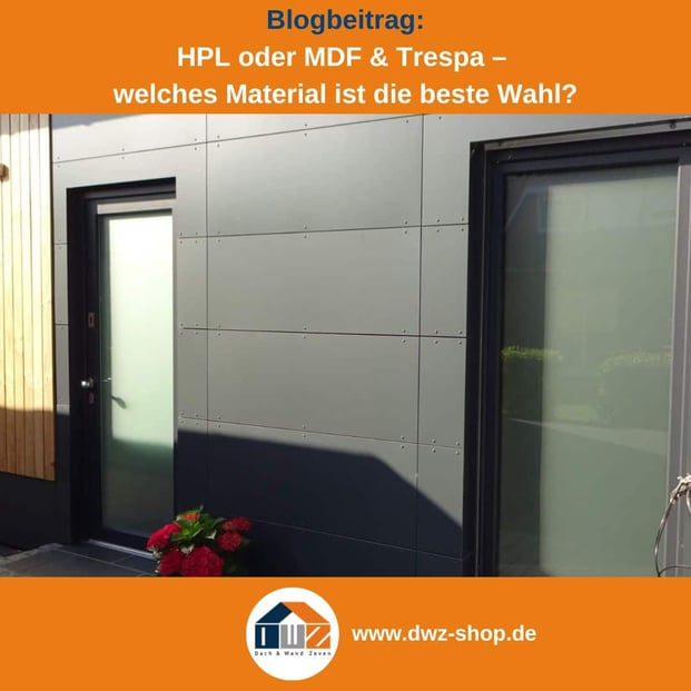 Titelgrafik eines Blogbeitrags mit dem Thema ‚HPL oder MDF & Trespa‘ – gezeigt wird eine Fassade mit HPL Platten, dazu das Logo und die Webadresse von DWZ-Shop.de.