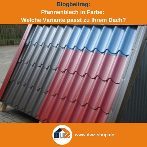 Titelgrafik eines Blogbeitrags mit dem Thema ‚Pfannenblech in Farbe‘ – gezeigt wird ein Musteraufsteller mit Pfannenblechen in verschiedenen Farben, dazu das Logo und die Webadresse von DWZ-Shop.de.