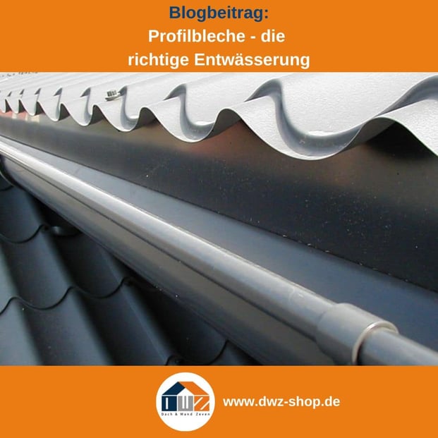 Titelgrafik eines Blogbeitrags mit dem Thema 'Entwässerung mit Profilblechen ' – gezeigt wird eine Dachrinne, ,montiert unter einem hellen Pfannenblech, dazu das Logo und die Webadresse von DWZ-Shop.de.