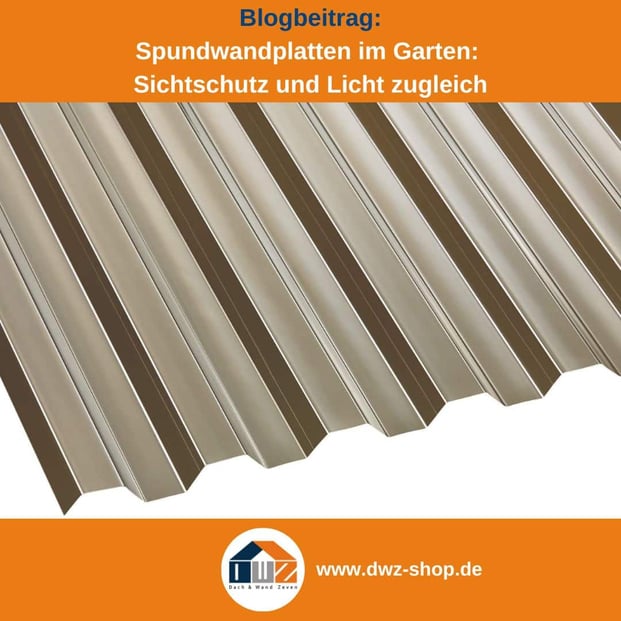 Titelgrafik eines Blogbeitrags mit dem Thema ‚Spundwandplatten im Garten‘ – gezeigt wird eine Spundwandplatte in bronze, dazu das Logo und die Webadresse von DWZ-Shop.de.