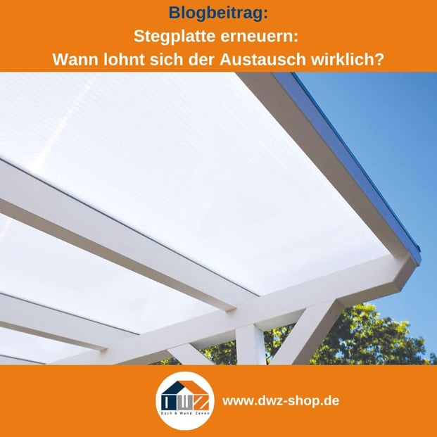 Titelgrafik eines Blogbeitrags mit dem Thema ‚Stegplatten erneuern‘ – gezeigt wird eine Terrassenüberdachung mit Stegplatte von unten, dazu das Logo und die Webadresse von DWZ-Shop.de.