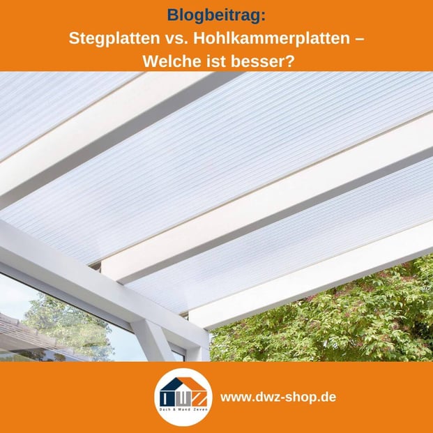 Titelgrafik eines Blogbeitrags mit dem Thema ‚Stegplatten oder Hohlkammerplatten‘ – gezeigt wird eine Stegplatte auf weißer Unterkonstruktion, dazu das Logo und die Webadresse von DWZ-Shop.de.