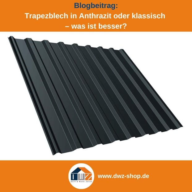 Titelgrafik eines Blogbeitrags mit dem Thema ‚Trapezblech in Anthrazit oder klassisch‘ – gezeigt wird ein Trapezblech in anthrazit, dazu das Logo und die Webadresse von DWZ-Shop.de.