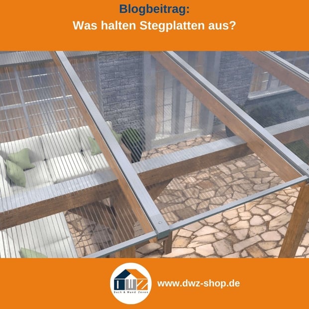 Titelgrafik eines Blogbeitrags mit dem Thema ‚Stärke von Stegplatten‘ – gezeigt wird eine Terrassenüberdachung aus Stegplatten mit Alu-Profilen, dazu das Logo und die Webadresse von DWZ-Shop.de.