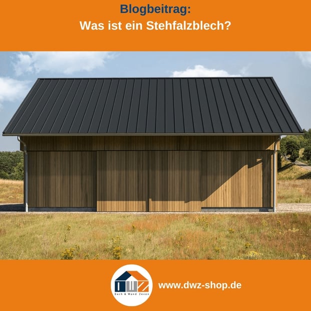 Titelgrafik eines Blogbeitrags mit dem Thema ‚Was ist ein Stehfalzblech‘ – gezeigt wird eine Scheune mit dunklen Stehfalzblech, dazu das Logo und die Webadresse von DWZ-Shop.de.